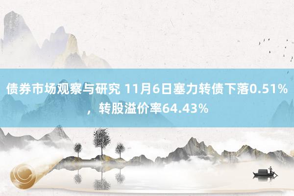 债券市场观察与研究 11月6日塞力转债下落0.51%，转股溢价率64.43%