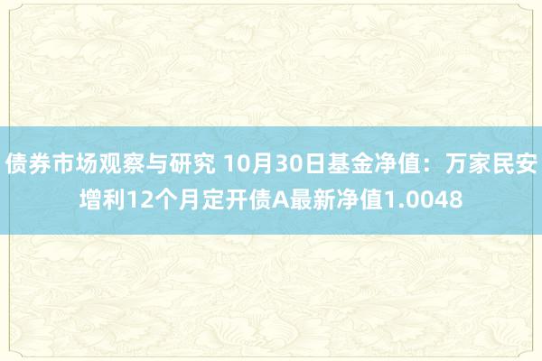 债券市场观察与研究 10月30日基金净值：万家民安增利12个月定开债A最新净值1.0048