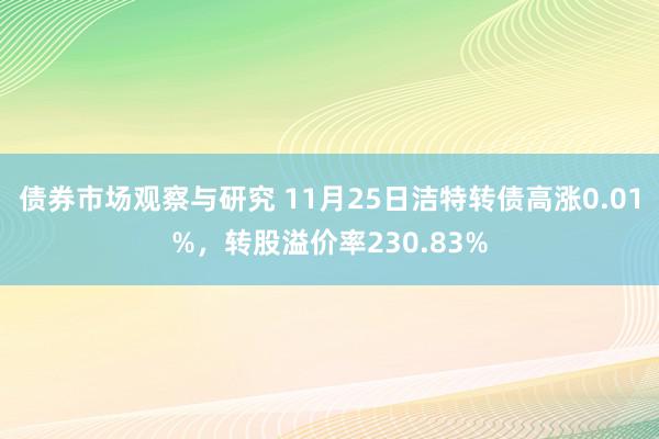 债券市场观察与研究 11月25日洁特转债高涨0.01%，转股溢价率230.83%