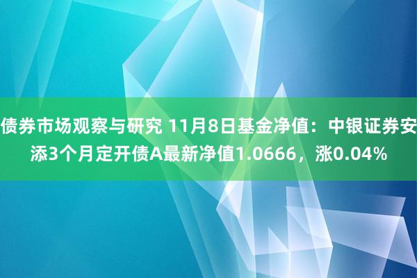 债券市场观察与研究 11月8日基金净值：中银证券安添3个月定开债A最新净值1.0666，涨0.04%