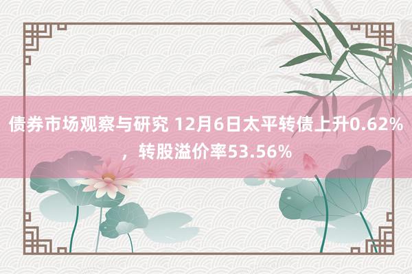 债券市场观察与研究 12月6日太平转债上升0.62%，转股溢价率53.56%