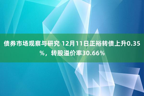 债券市场观察与研究 12月11日正裕转债上升0.35%，转股溢价率30.66%