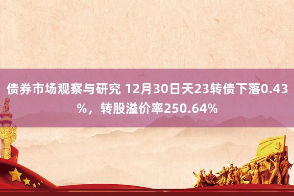 债券市场观察与研究 12月30日天23转债下落0.43%，转股溢价率250.64%